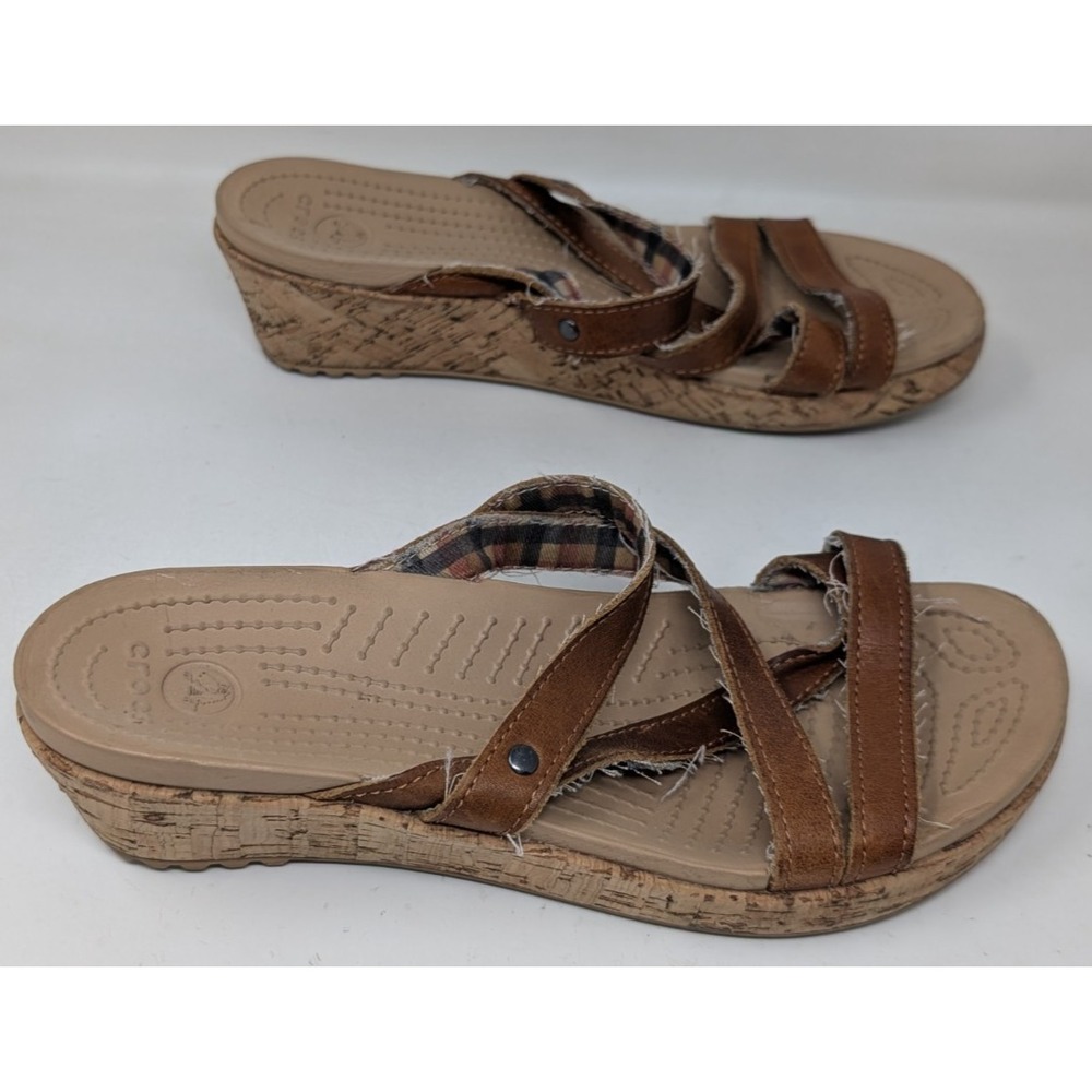 Crocs A Leigh Cork Wedge Sandals Womens 8 US Brown Strappy Slip On Open Toe